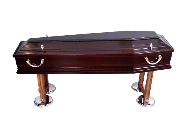 Sicriu maro lustruit pe suporturi metalice, detaliu pentru înmormântare