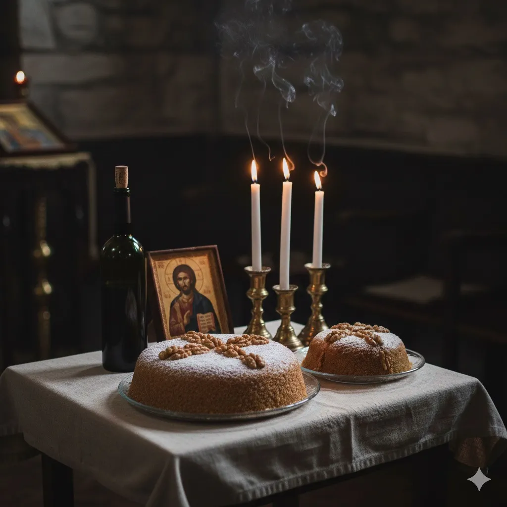 Prăjituri, lumânări aprinse, vin și o icoană. Ambient solemn, posibil servicii funerare Colentina.